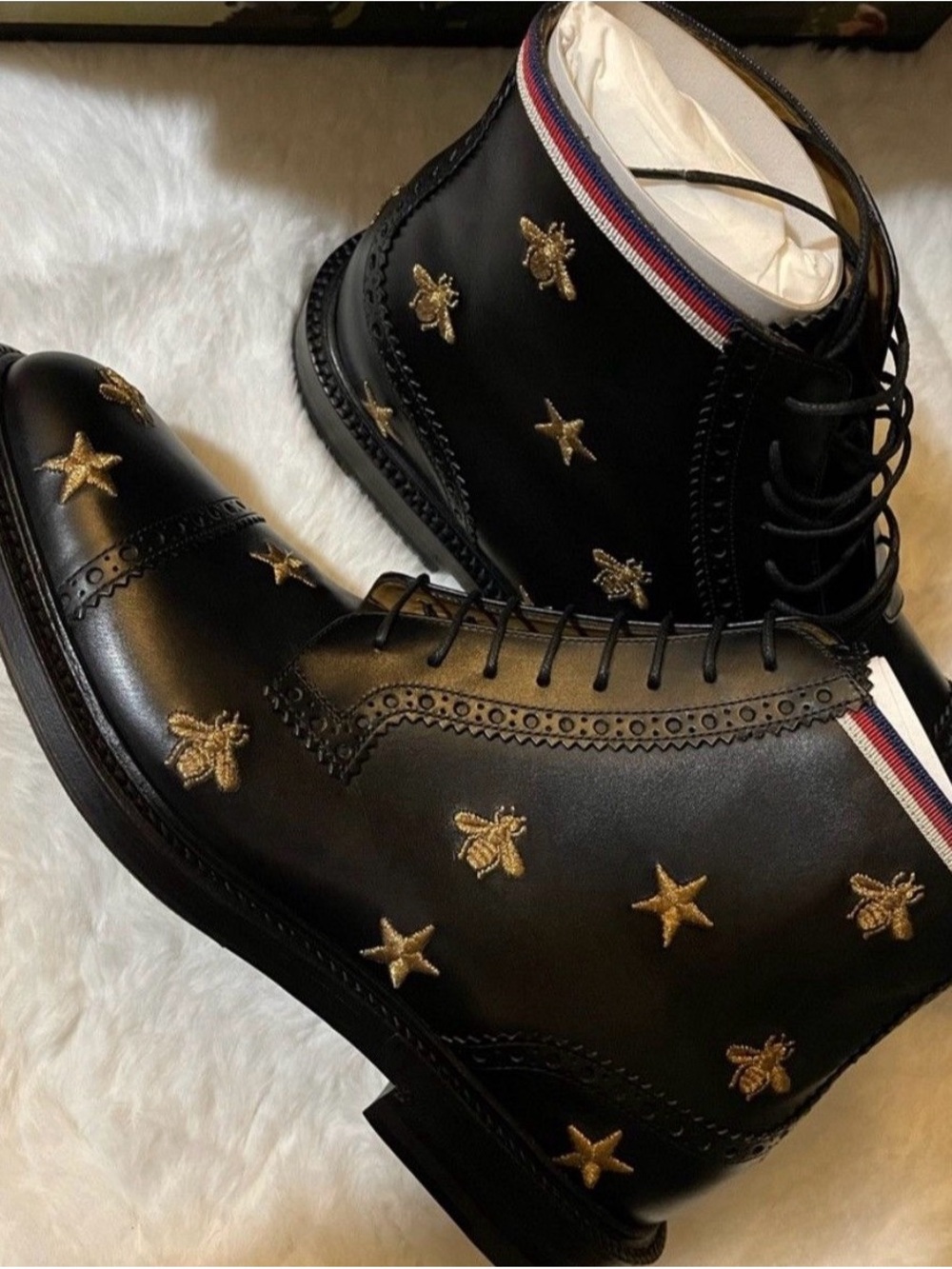 Gucci Black Leather Lace-Up Boots with Gold Bee & Star Embroidery
